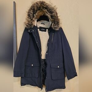 APT. 9 Navy Parka Jacket with Faux Fur Trim